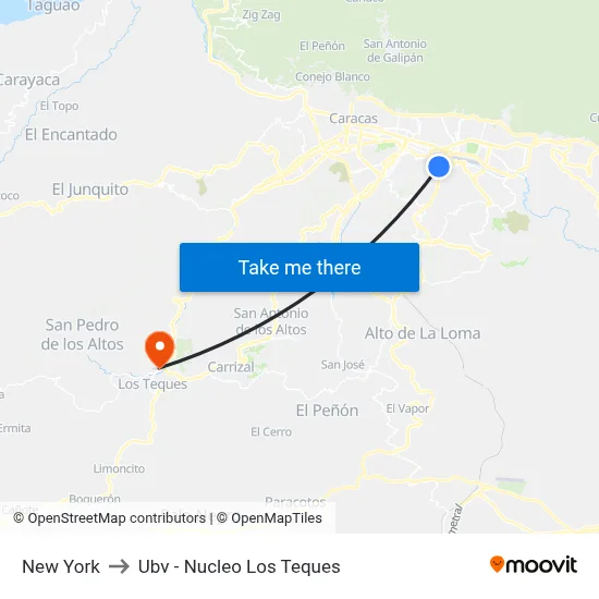 New York to Ubv - Nucleo Los Teques map