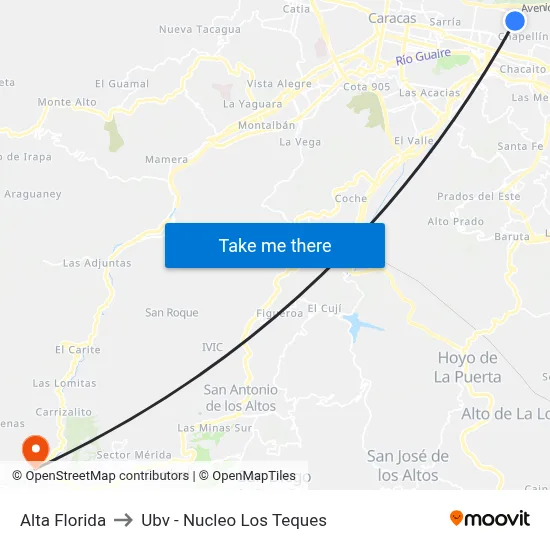 Alta Florida to Ubv - Nucleo Los Teques map