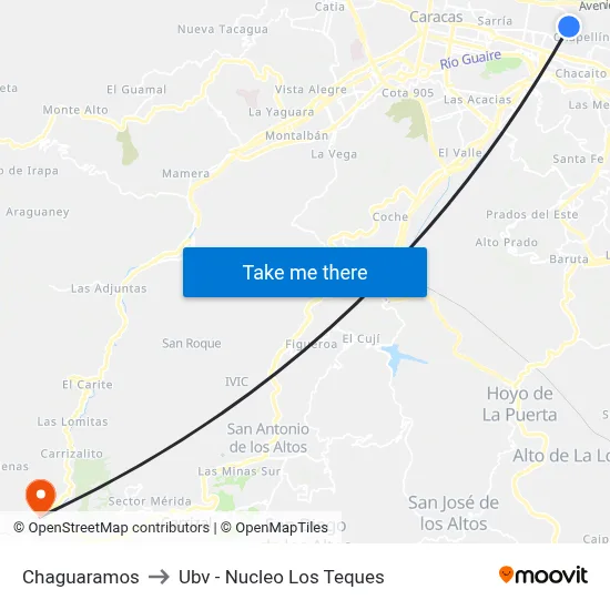 Chaguaramos to Ubv - Nucleo Los Teques map