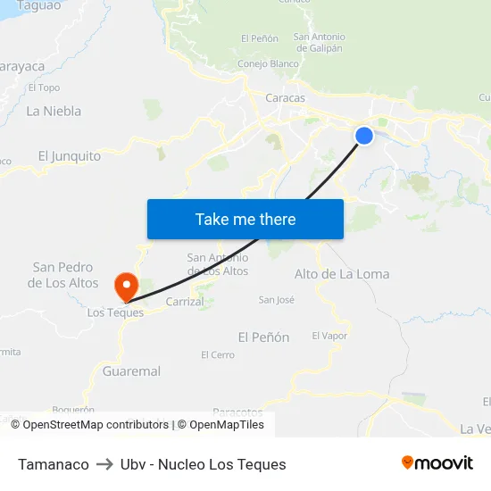 Tamanaco to Ubv - Nucleo Los Teques map