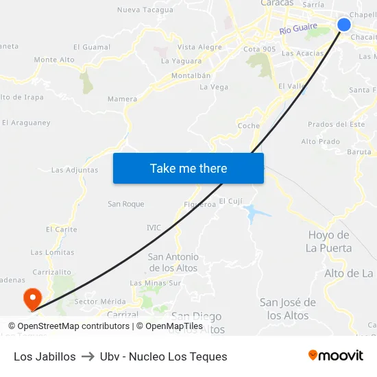 Los Jabillos to Ubv - Nucleo Los Teques map