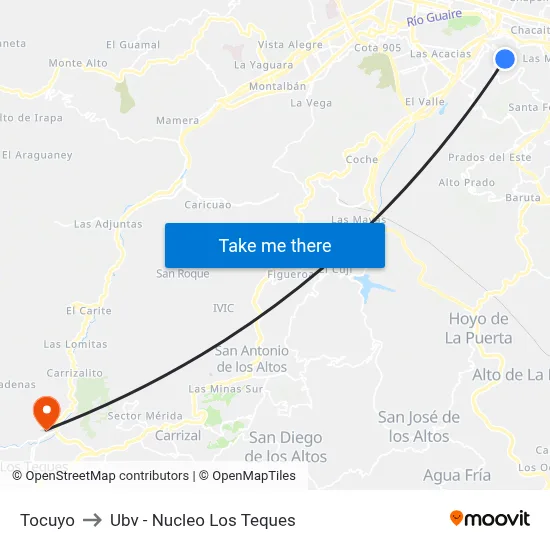 Tocuyo to Ubv - Nucleo Los Teques map