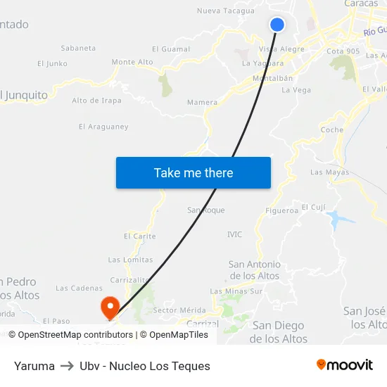 Yaruma to Ubv - Nucleo Los Teques map