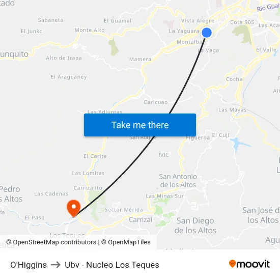 O'Higgins to Ubv - Nucleo Los Teques map