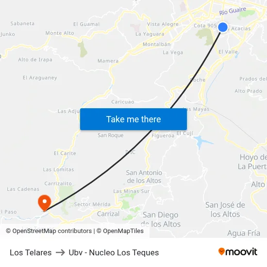 Los Telares to Ubv - Nucleo Los Teques map