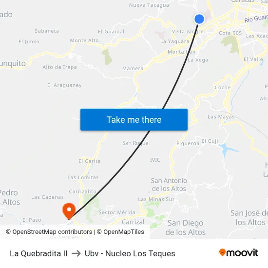 La Quebradita II to Ubv - Nucleo Los Teques map