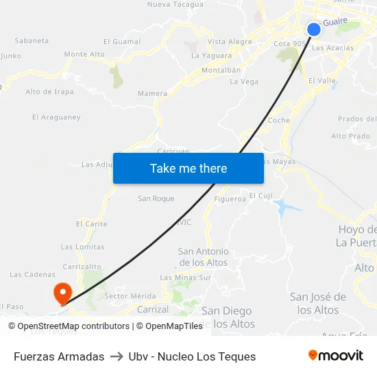 Fuerzas Armadas to Ubv - Nucleo Los Teques map