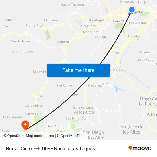 Nuevo Circo to Ubv - Nucleo Los Teques map