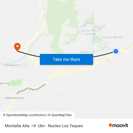 Montaña Alta to Ubv - Nucleo Los Teques map