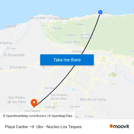 Playa Caribe to Ubv - Nucleo Los Teques map