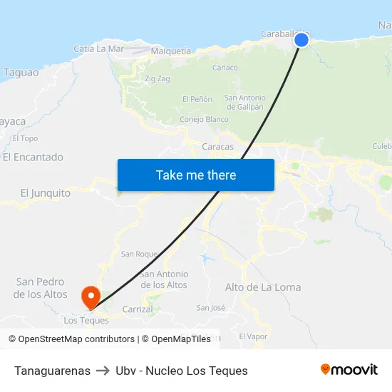 Tanaguarenas to Ubv - Nucleo Los Teques map