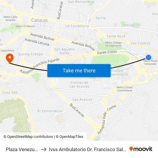 Plaza Venezuela to Ivss Ambulatorio Dr. Francisco Salazar map