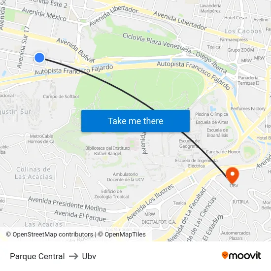Parque Central to Ubv map