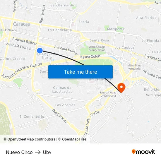 Nuevo Circo to Ubv map