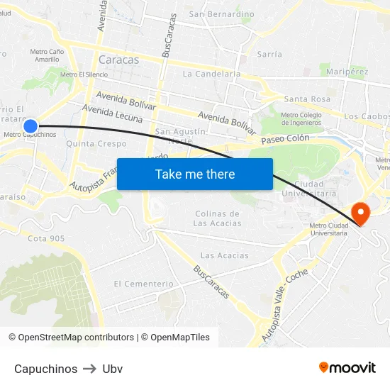 Capuchinos to Ubv map