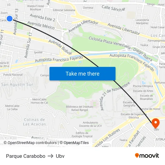 Parque Carabobo to Ubv map