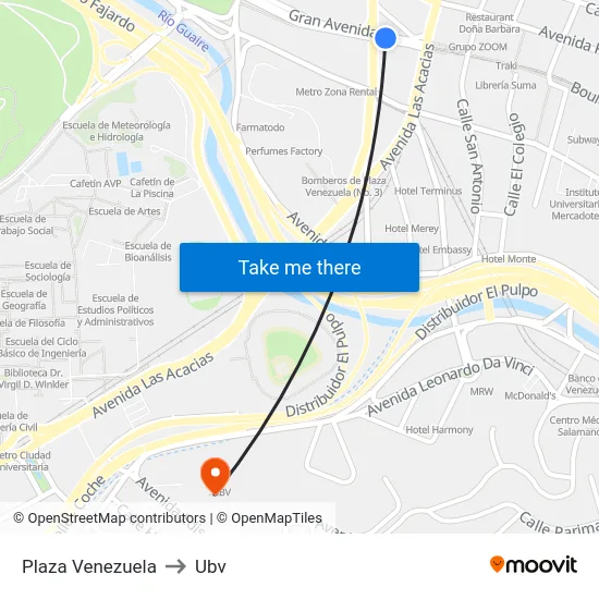 Plaza Venezuela to Ubv map