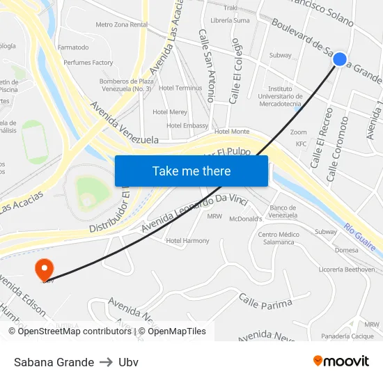 Sabana Grande to Ubv map