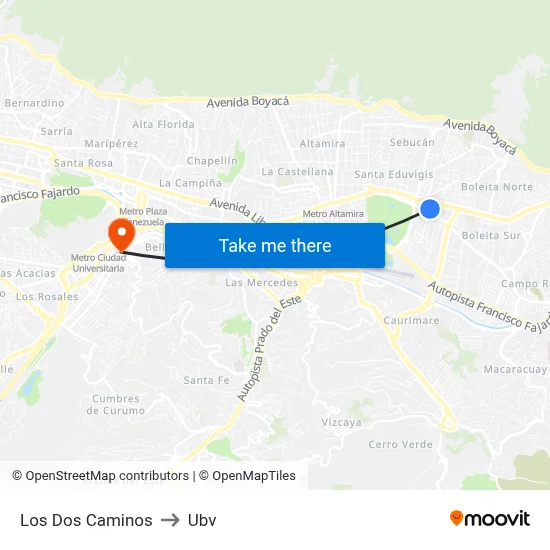 Los Dos Caminos to Ubv map