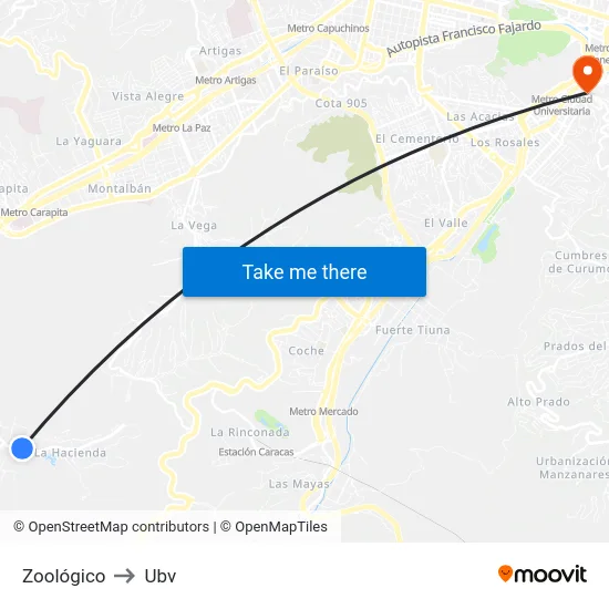 Zoológico to Ubv map