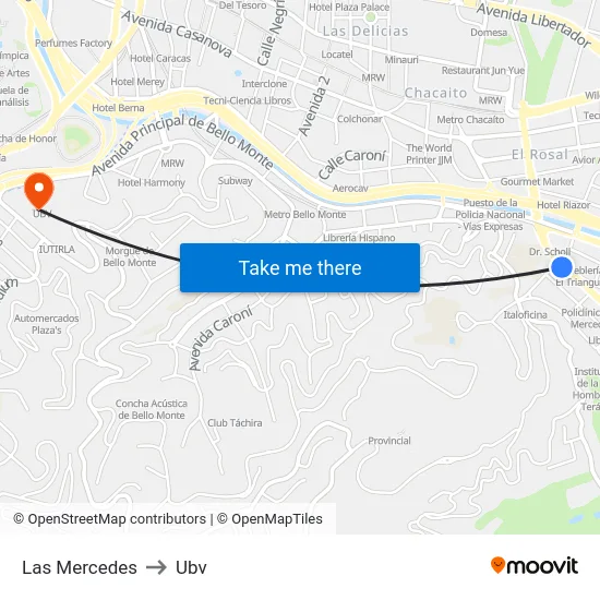 Las Mercedes to Ubv map