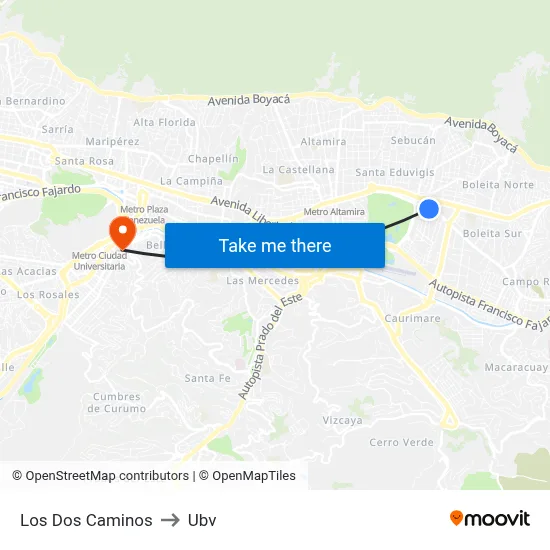 Los Dos Caminos to Ubv map