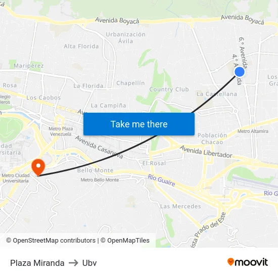 Plaza Miranda to Ubv map