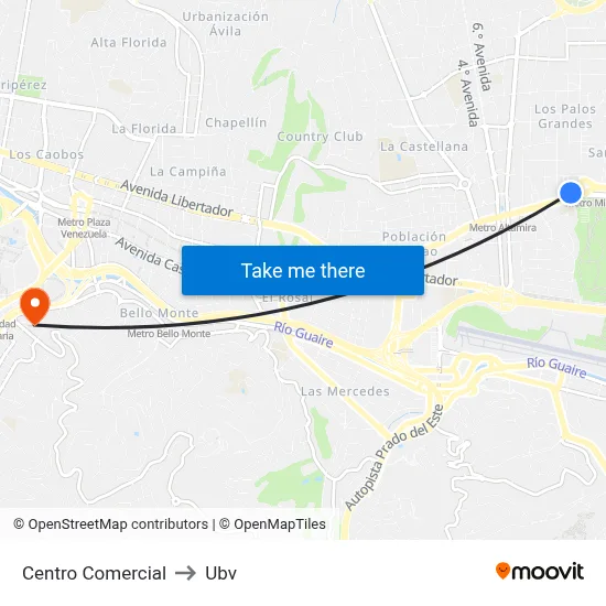 Centro Comercial to Ubv map
