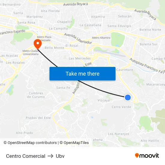 Centro Comercial to Ubv map
