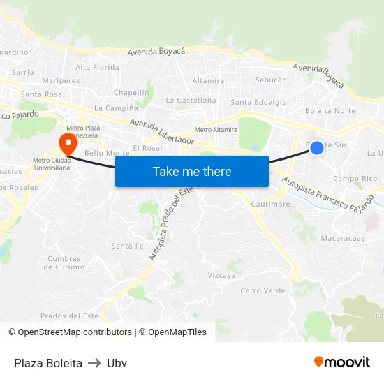 Plaza Boleita to Ubv map