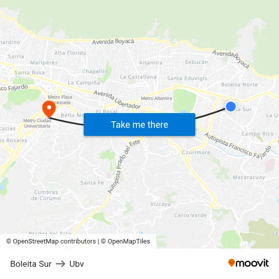 Boleita Sur to Ubv map