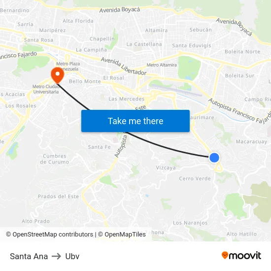 Santa Ana to Ubv map