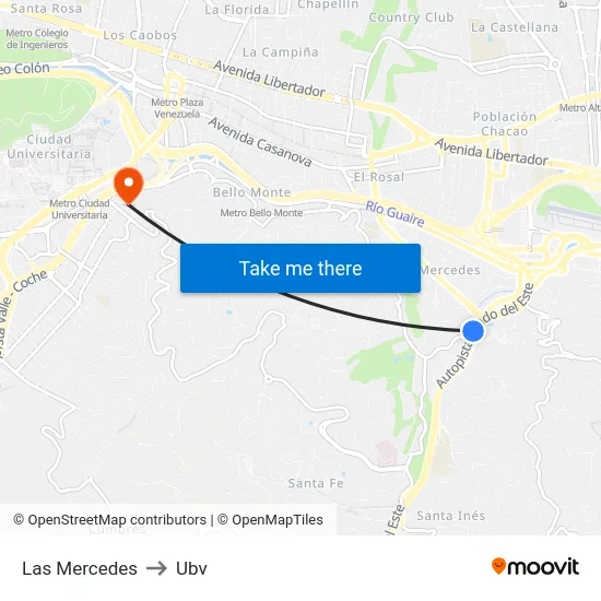 Las Mercedes to Ubv map