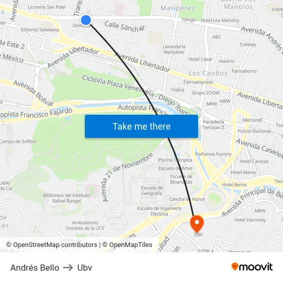 Andrés Bello to Ubv map