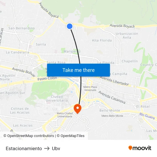 Estacionamiento to Ubv map