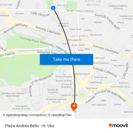 Plaza Andrés Bello to Ubv map