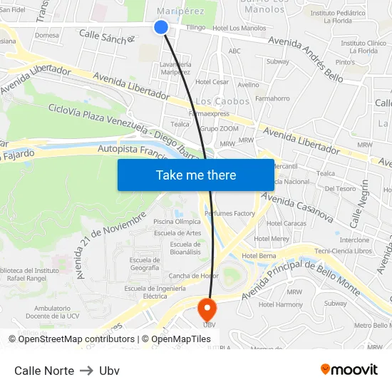 Calle Norte to Ubv map