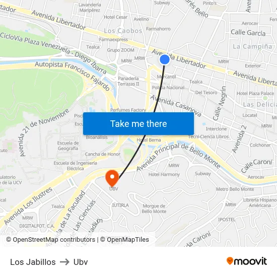 Los Jabillos to Ubv map