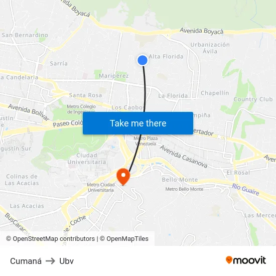 Cumaná to Ubv map