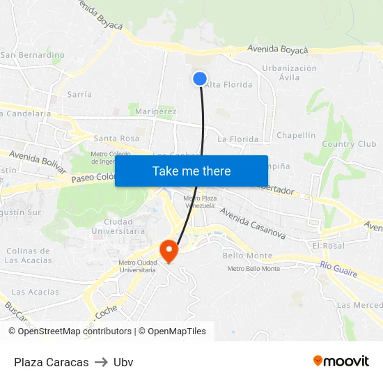 Plaza Caracas to Ubv map