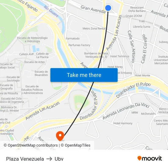 Plaza Venezuela to Ubv map