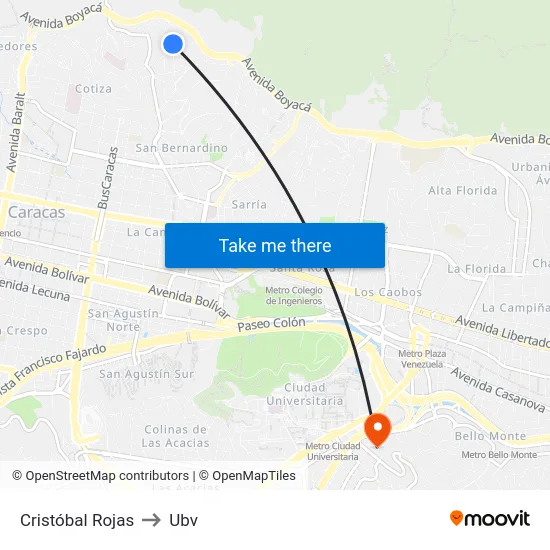 Cristóbal Rojas to Ubv map
