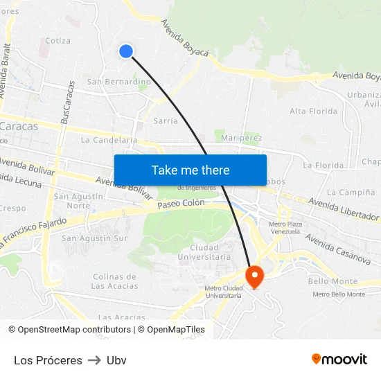 Los Próceres to Ubv map