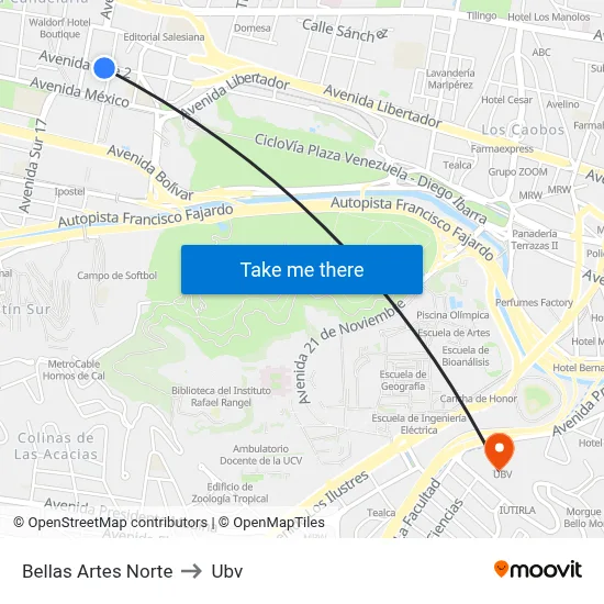 Bellas Artes Norte to Ubv map