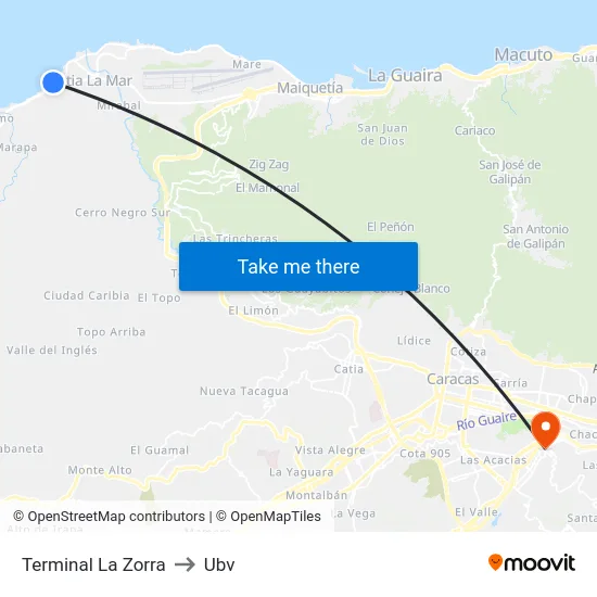 Terminal La Zorra to Ubv map