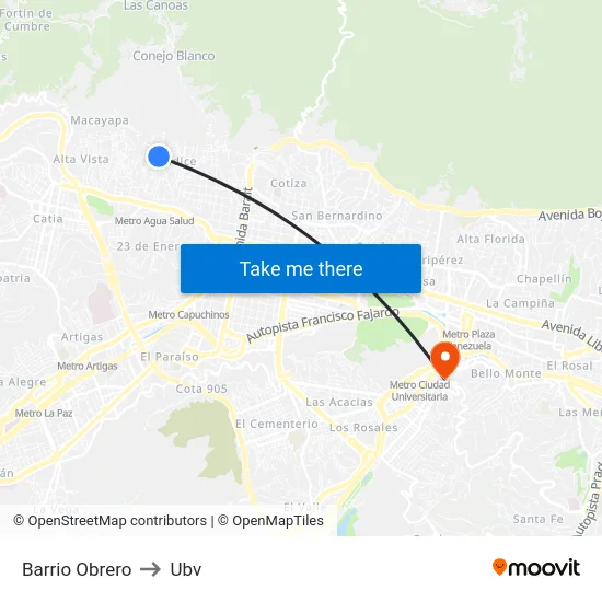 Barrio Obrero to Ubv map