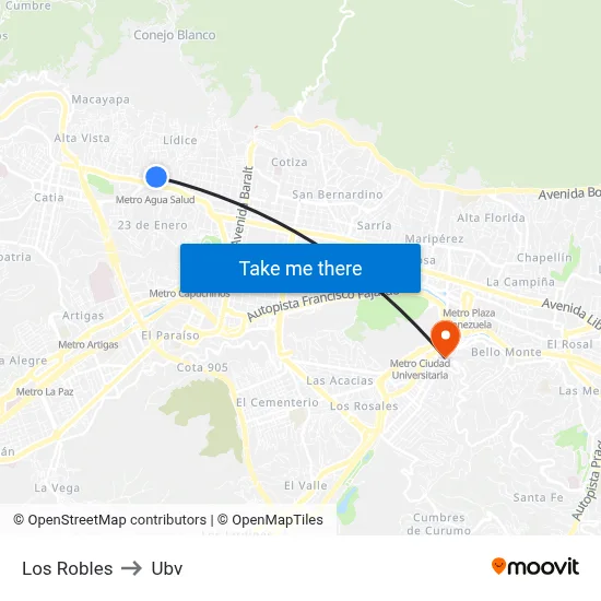 Los Robles to Ubv map