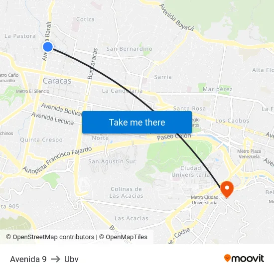 Avenida 9 to Ubv map