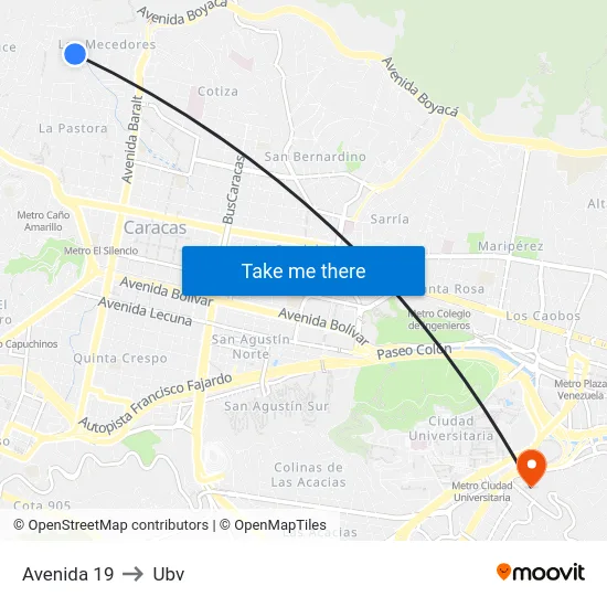 Avenida 19 to Ubv map