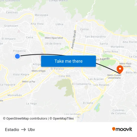 Estadio to Ubv map